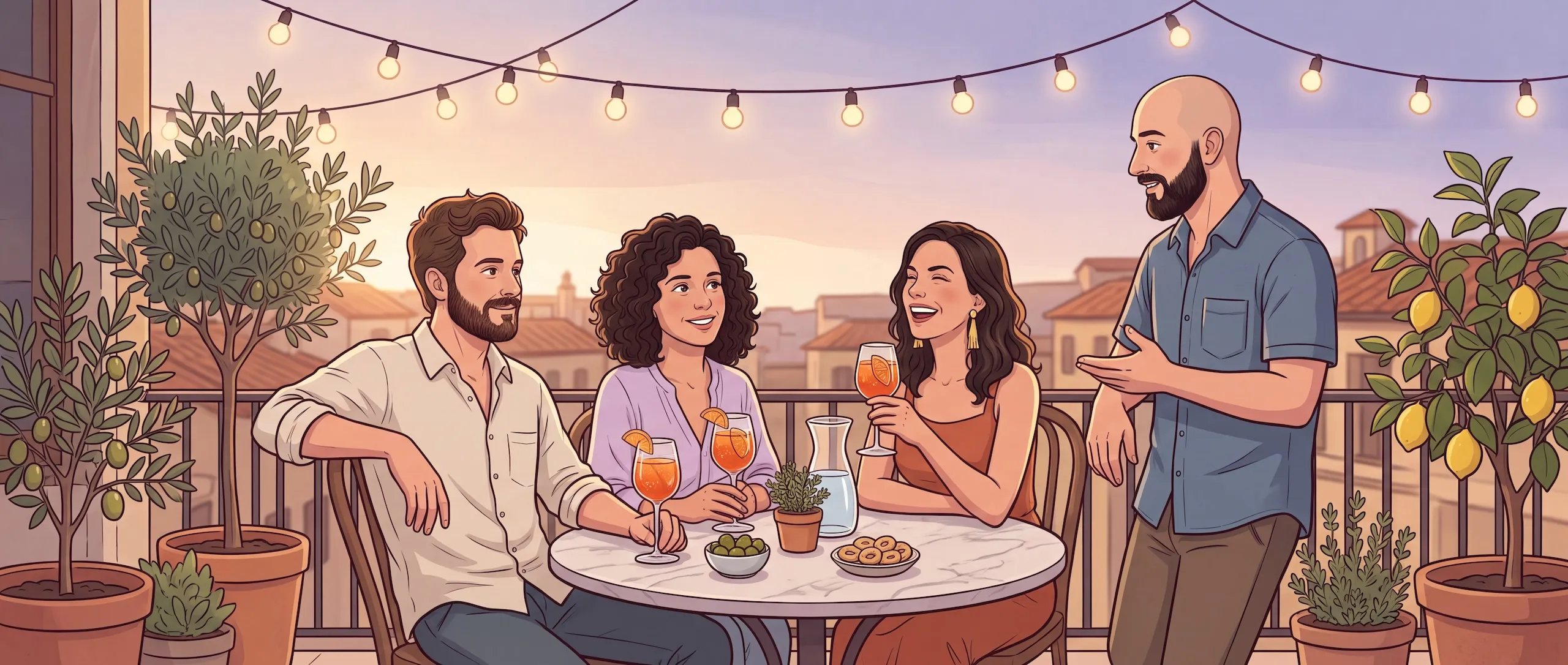 Marco and Gabriele with their partners on a rooftop terrace