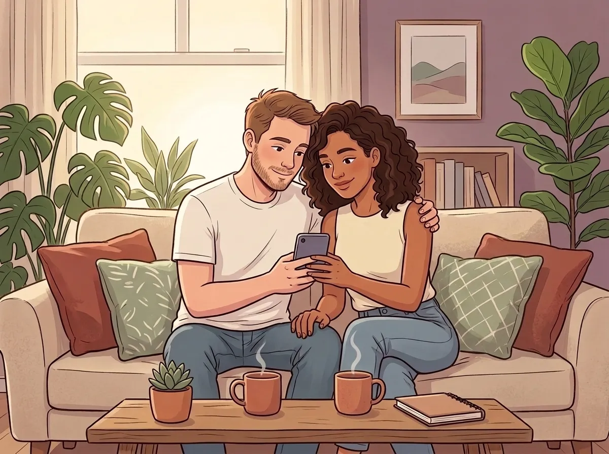 A couple reviewing their budget together over coffee